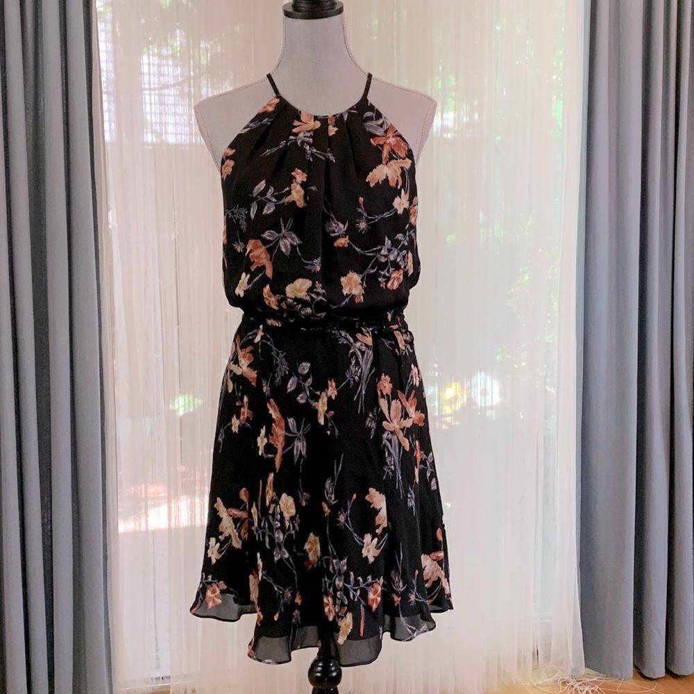 JOIE Makana Floral Dress halter dress elastic waist pleated neckline lined